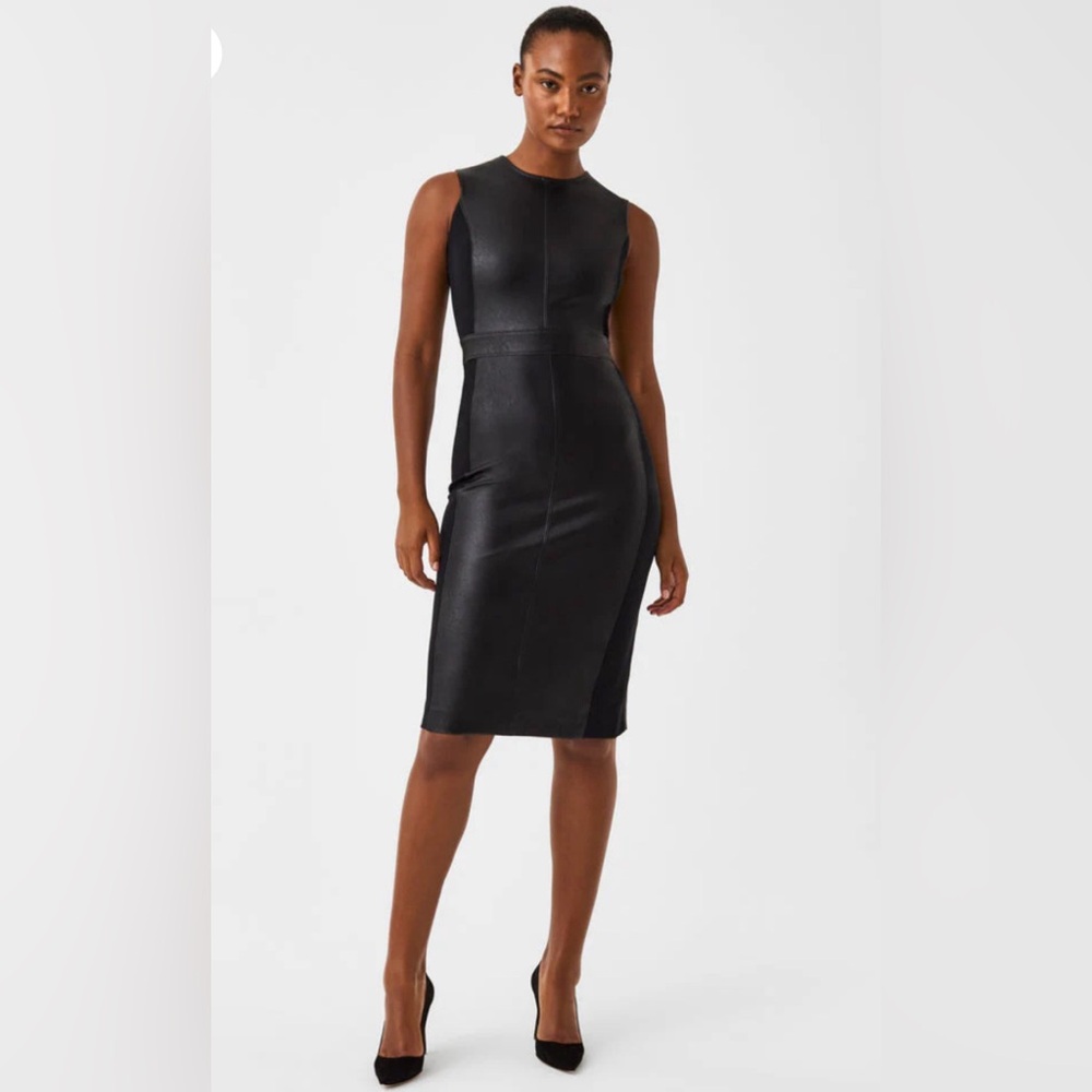 NWT Spanx Leather-Like Combo Sheath Black Dress Mixed Media $218 Size XL